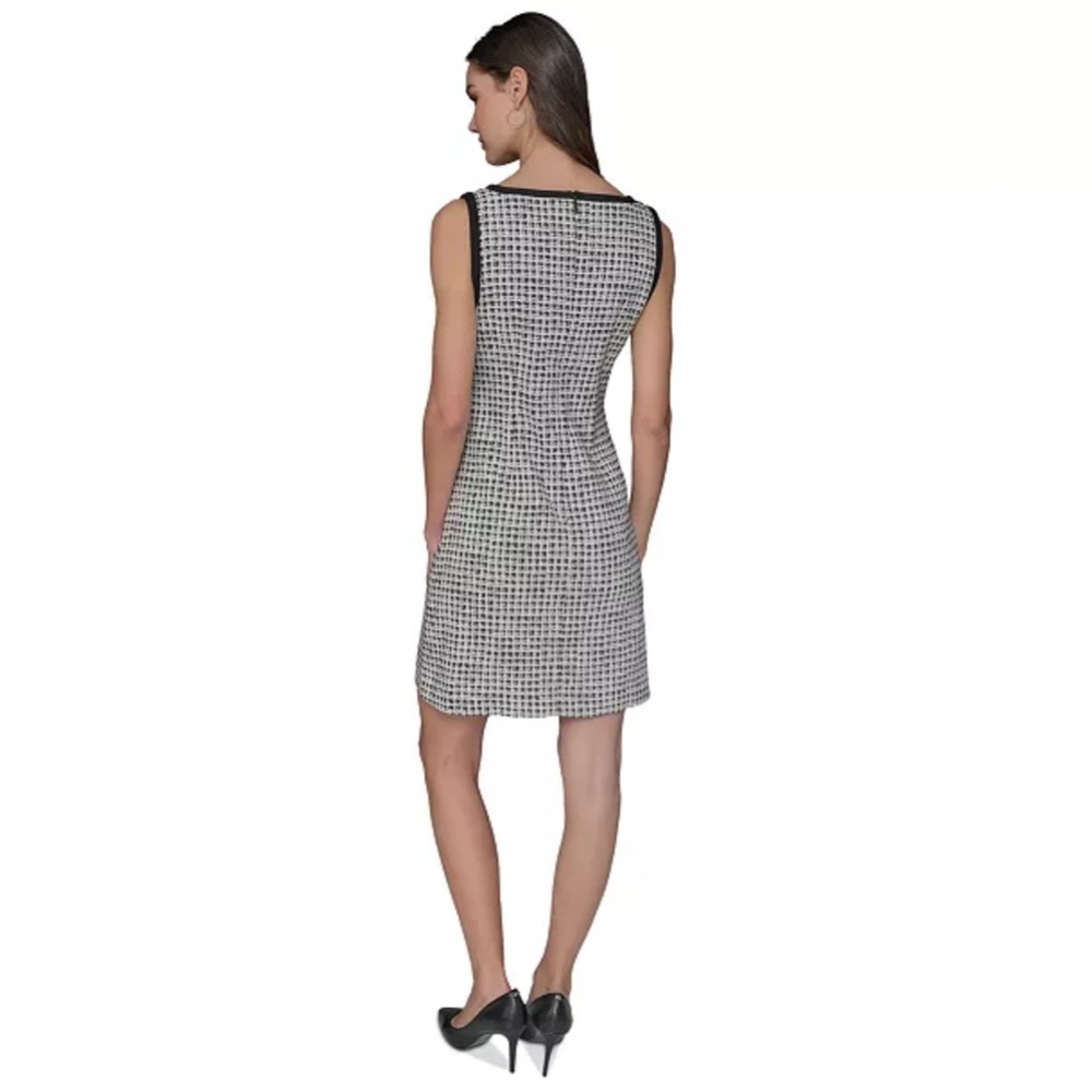 KARL LAGERFELD PARIS Women's Jacquard Contrast-Frame BlackWhite Sleeveless Dress - Picture 3 of 9